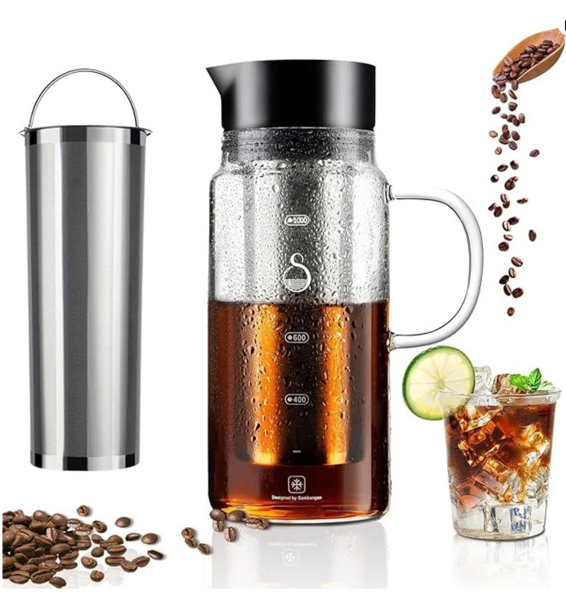 100% Airtight Cold Brew Glass Coffee Maker Iced Tea Maker Juice Water Carafe Server with Removable Permanent Double Mesh Stainless Steel Filter (1.0L)