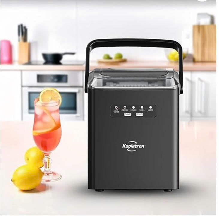 Koolatron Countertop Ice Machine | Portable Ice Maker | 12 kg of ice each day | 8 Ice Cubes Ready in 7 mins | 2 Sizes Of Ice Pellets | Ice Scoop & Basket Included | Self-Cleaning | Black