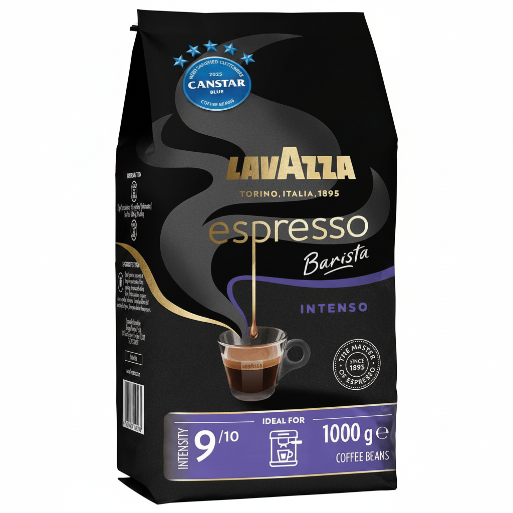 Lavazza, Espresso Barista Intenso, 1 Kg, Drum Roasted Coffee Beans, Ideal for Espresso Coffee Machines, Aromatic Notes of Cocoa and Wood, Arabica and Robusta, Intensity 9/10, Medium Roasting, 1 Kg