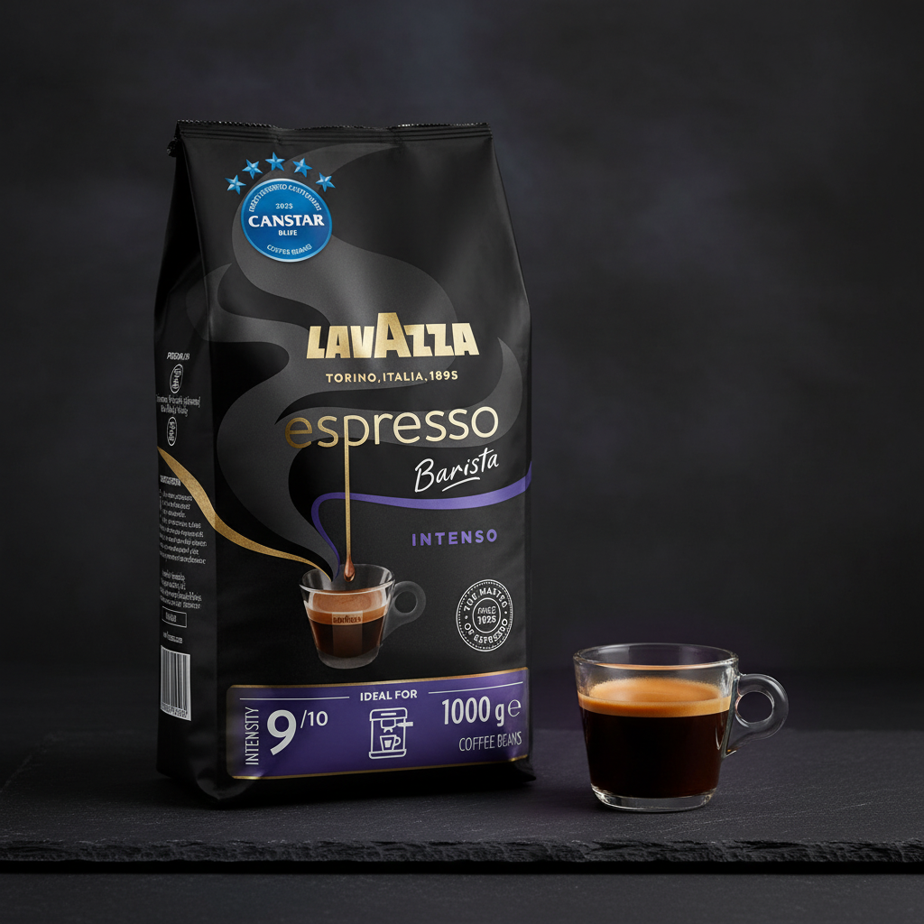 Lavazza, Espresso Barista Intenso, 1 Kg, Drum Roasted Coffee Beans, Ideal for Espresso Coffee Machines, Aromatic Notes of Cocoa and Wood, Arabica and Robusta, Intensity 9/10, Medium Roasting, 1 Kg